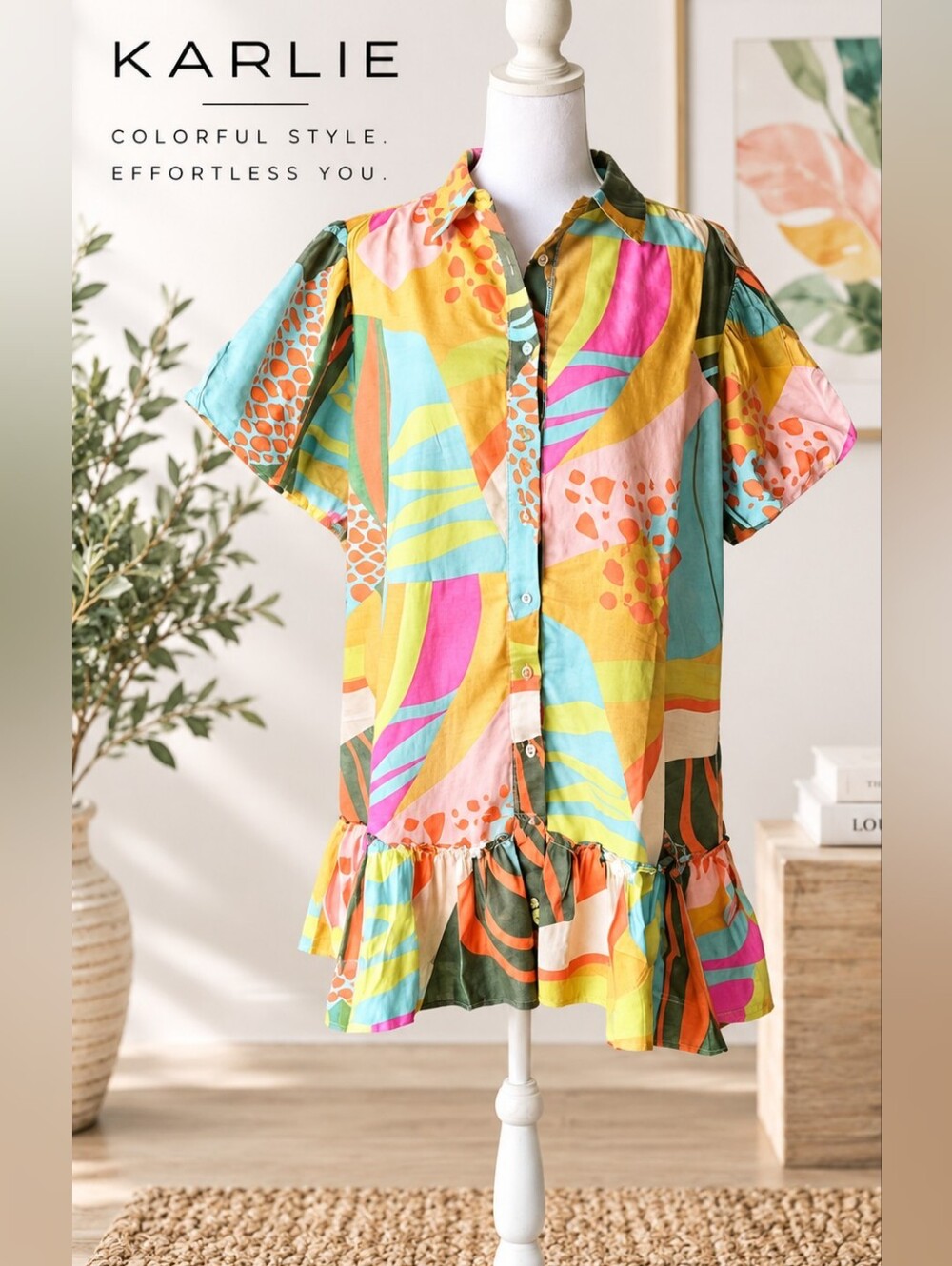 Karlie 100% Cotton Multicolor Abstract Button-Front Ruffle Hem Mini Dress Preppy